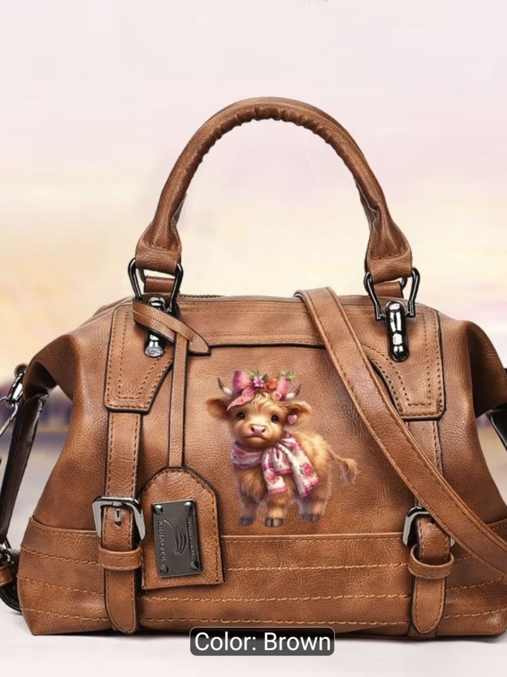 Brown LEATHER Women's Satchel Handbag with Decorative Animal Print